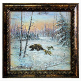 Картина маслом на бересте - Охота на медведя 72 х 72 см.