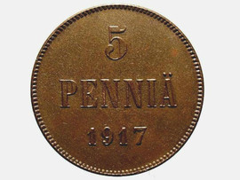 Редкая, медная монета 5 пенни 1917 года.
