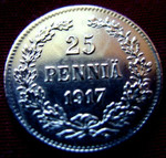 Редкая, серебряная монета 25 пенни 1917 года (корона).