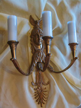 Бронза, шикарное трехрожковое бра Богиня Афина, стиль Ампир