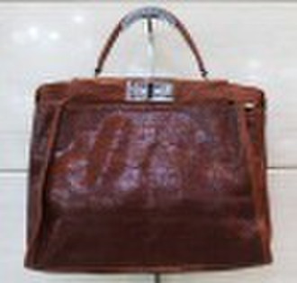 brown big stone grain genuine leather handbag