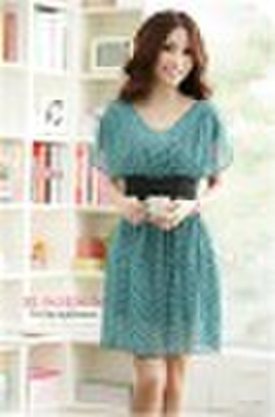 elegant V-neck check tight waist back zipper ladie