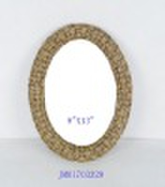 Round wooden and rattan wall hanging mirror frame