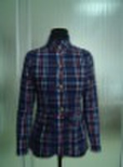 blue with red check long sleeve cardigan
