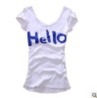 V-neck dew shoulder letters Hello short-sleeved co