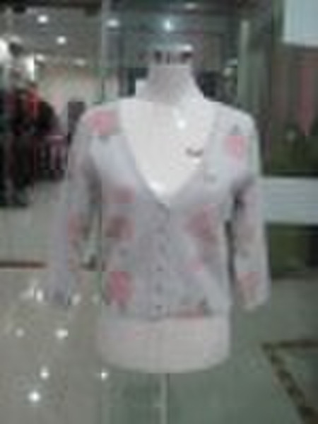 Flower-printed sweater for women with V-collar