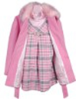 Kids Woolen Fur Collar Winter Coat Three Pcs Set-