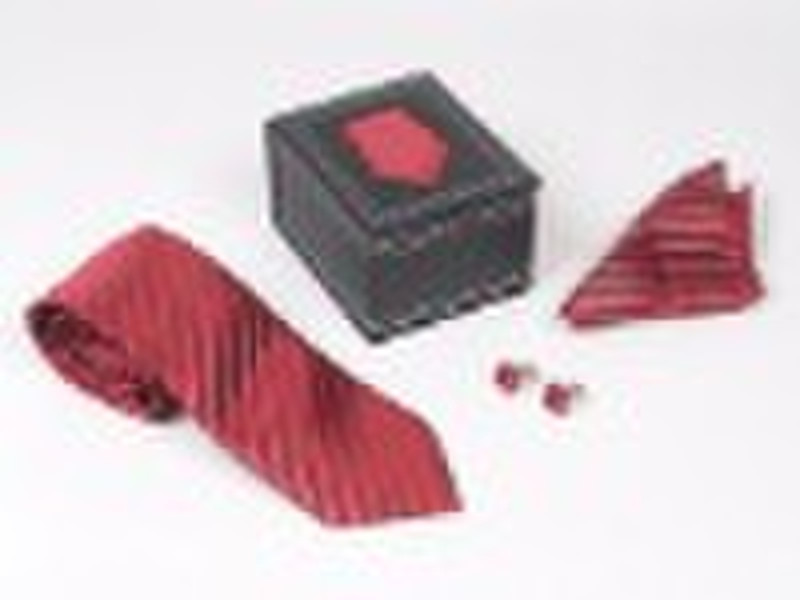 silk woven necktie+handkerchief+cufflink+gift box