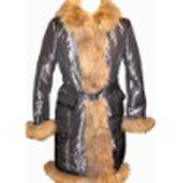 Women's shiny nylon fabric coat with faux fur