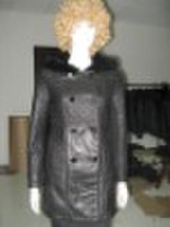 Ladies genuine leather coat+Rabbit fur collar