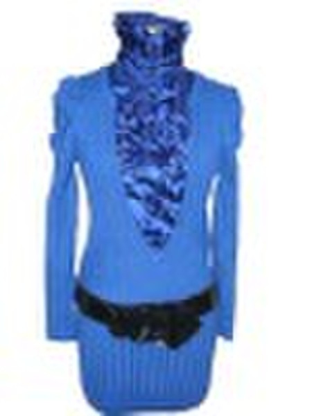 Ladies fashion long sweater with SATIN collar mode