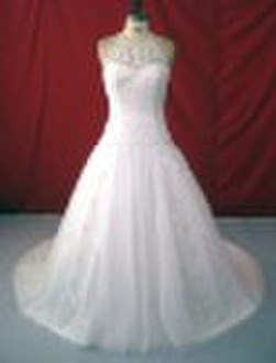 A-line halter wedding gown with lace overlay, floo