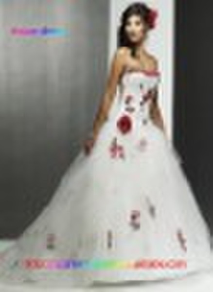 White Satin Chiffon Red rose flower Bride wedding