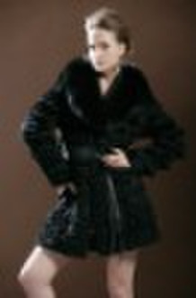 Black rabbit fur coat with blue fox collar