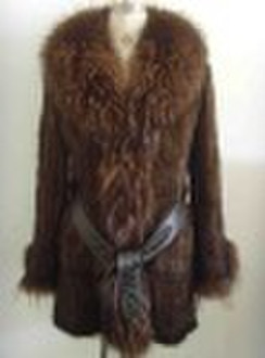 Knitted Mink Fur Coat with Raccoon Collar