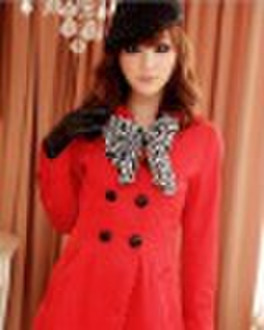 Korean Style Double Breasted Coat With Scarve Red