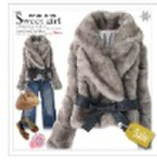 Rabbit Hair Grey Lady Coat Belted