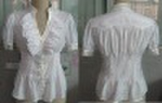 Ladies short sleeve frills fitted white blouse/ sh