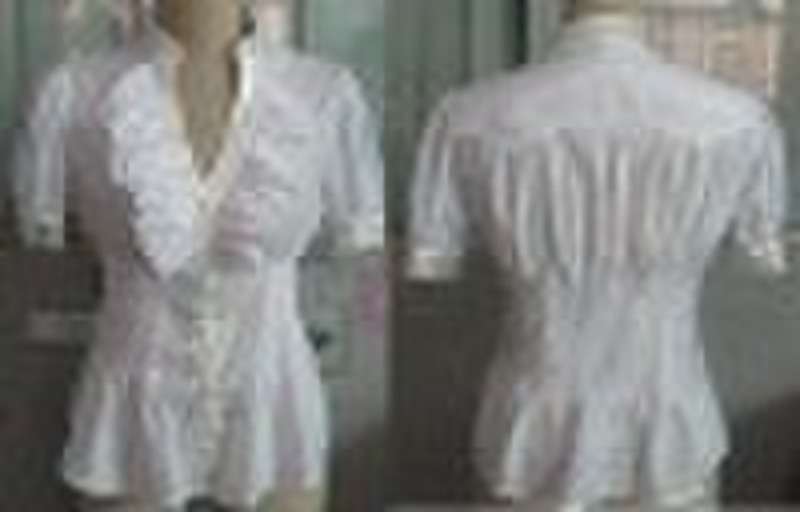 Ladies short sleeve frills fitted white blouse/ sh