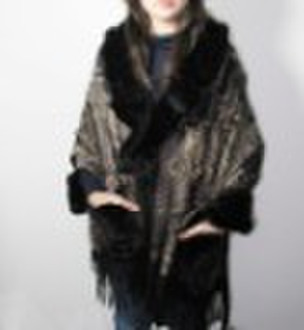 Printed Wool Shawl with Mink Ruffle and Pockets (C
