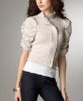 8KN058 Ruched-Sleeve Zip-Up Cardigan