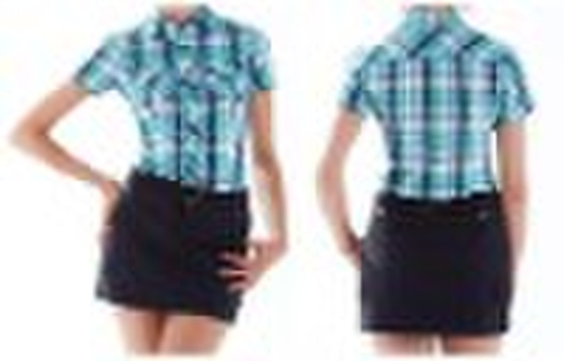 yarn dyed check short sleeve blouse w/ couple ches