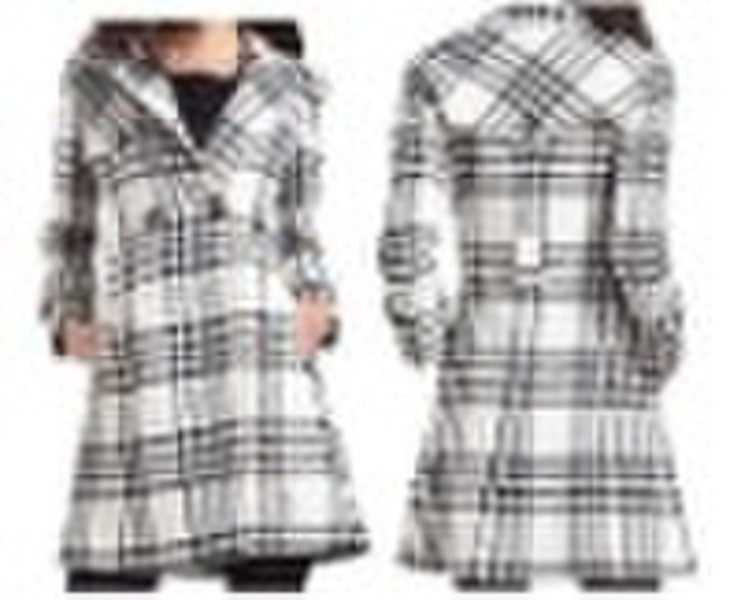 CHeck hip-covered coat w/ storm flap