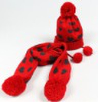 Hot sale Jacquard heart hat and scarf for girls