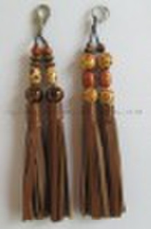 leather tassel with wooden beads