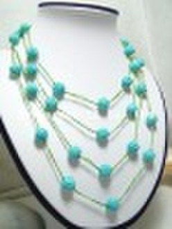 4Rows 12mm blue carved turquoise necklace