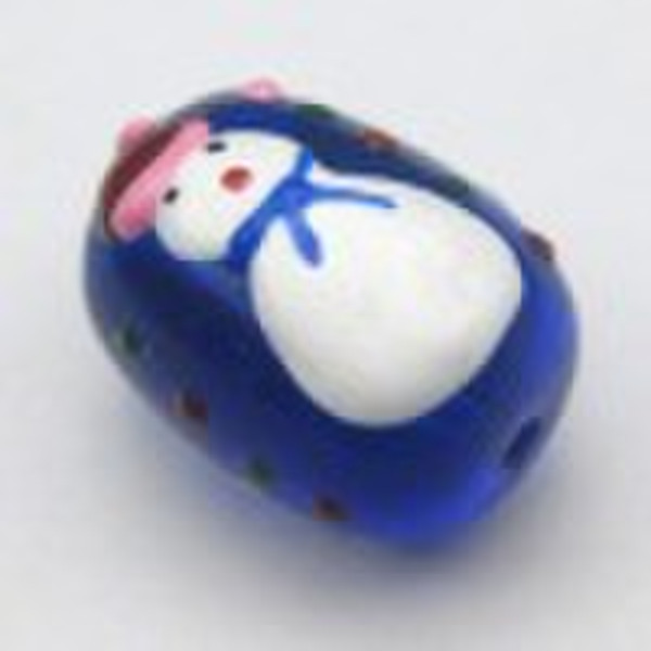 Hand Painted Blue Christmas Snowman Lampwork Beads