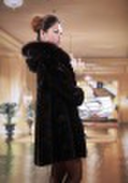 lady's fashion long mink fur coat with hood