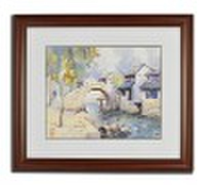 Printed painting, village, with wooden frame