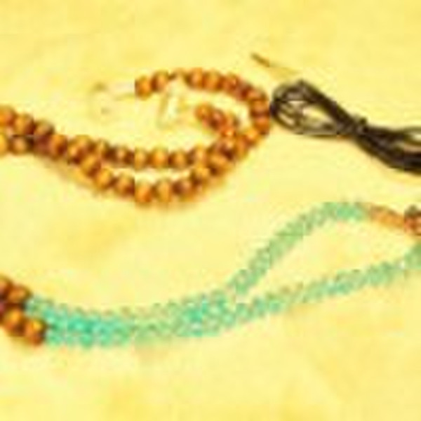 Brown wooden beads & blue crystal beads stereo