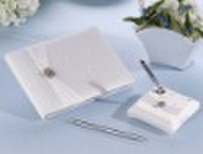 Pleated White Guest Book and Pen holder Set(weddin