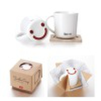 smile ceramic cup with wooden saucer