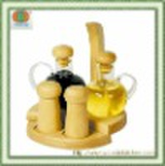 oil and vinegar bottles, wooden spice set