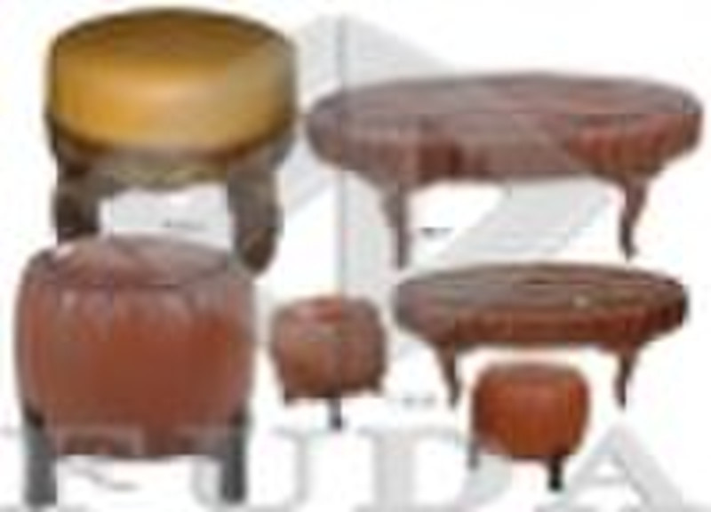 F01427-2 Trommelform mit Leder Hocker aus Holz