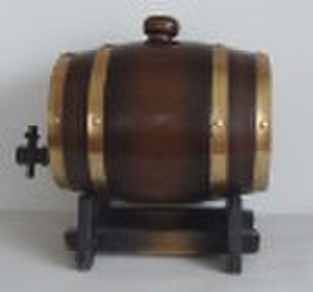 glass barrel with wooden base