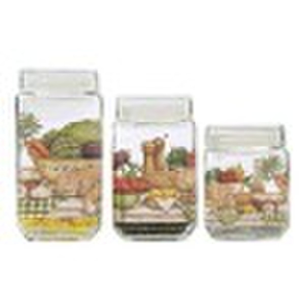 3pcs/Set Glass Storage Jar with Decal w. Glass Lid