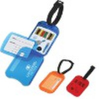 Plastic luggage tag with sewing kit