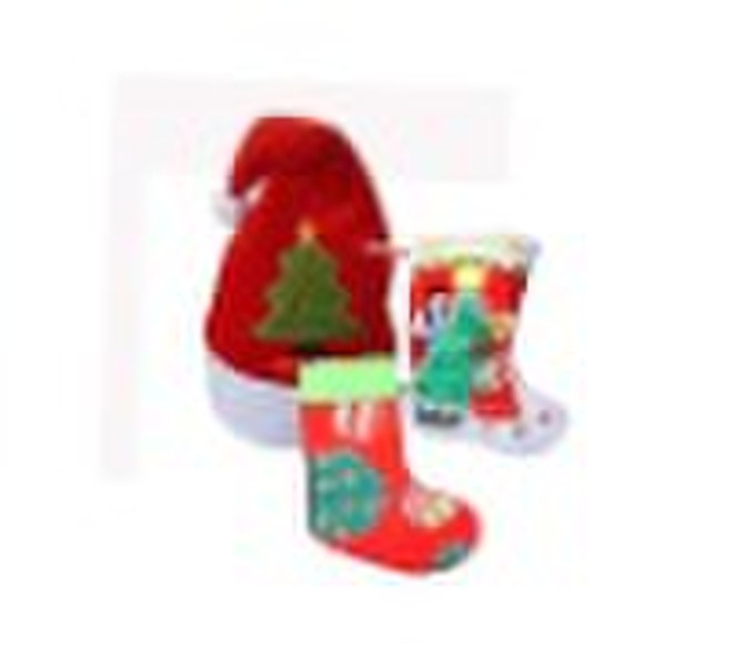 promotion christmas sock and hat with fiber optic