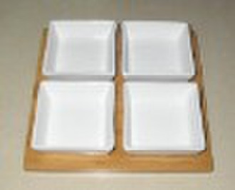 Porcelain snack dish set with bamboo tray