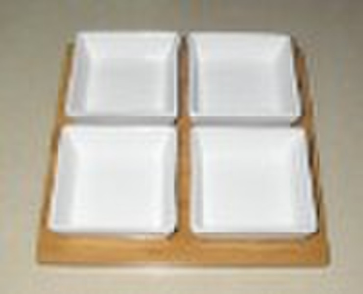 Porcelain snack dish set with bamboo tray