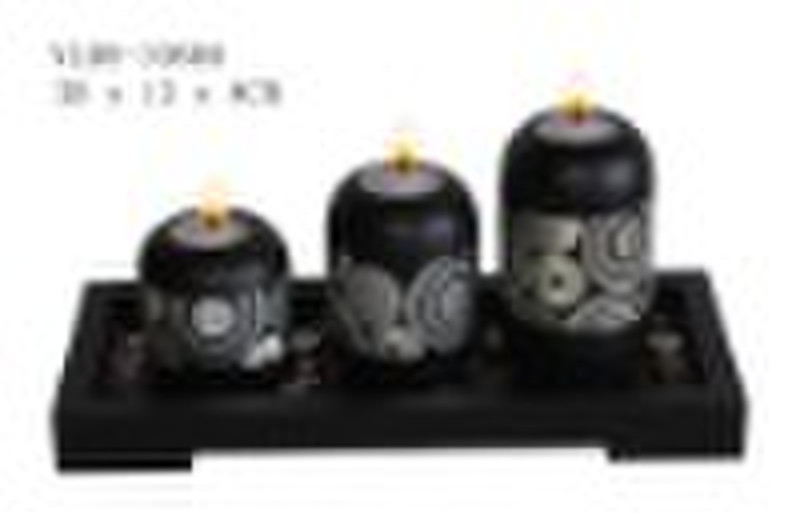 wooden tray w/ 3 T-Light Holder w/glass beads