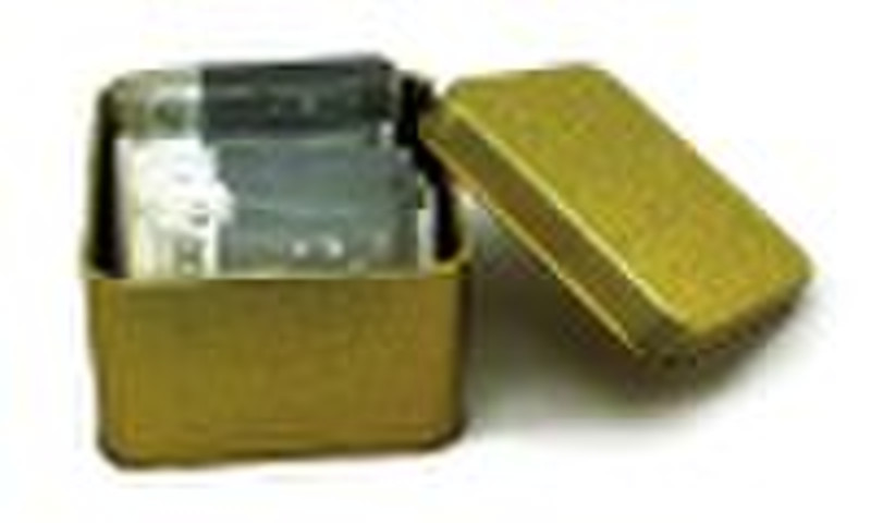 square tin container in goo gold finish,  tin box