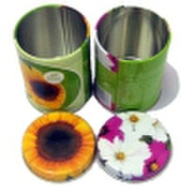 round candy tin box with colorful printing