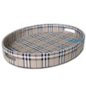 Oval Check Pattern Faux Leather Storage Tray