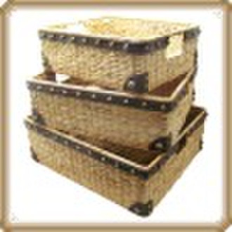 Natural Seagrass Basket w/ Leather Trim(set of 3)