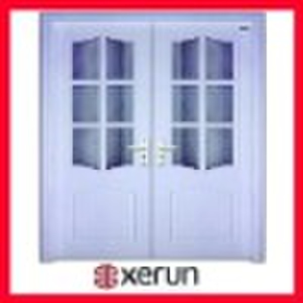 double open wooden door with glass